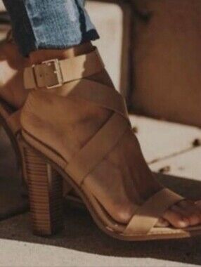 Liliana Strappy High Block Wrap Heel Sandal in Nude Tan Size 7